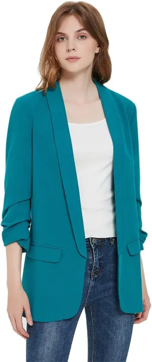 Womens 3/4 Ruched Sleeve Blazer Jacket Lightweight Work Office Open Front Solid Coat, Black