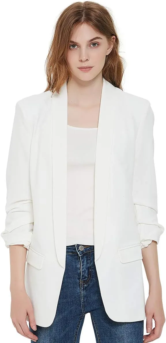 Womens 3/4 Ruched Sleeve Blazer Jacket Lightweight Work Office Open Front Solid Coat, Black