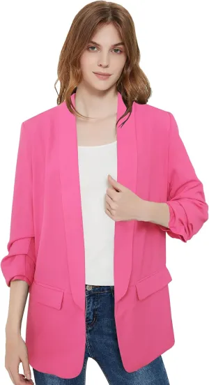 Womens 3/4 Ruched Sleeve Blazer Jacket Lightweight Work Office Open Front Solid Coat, Black