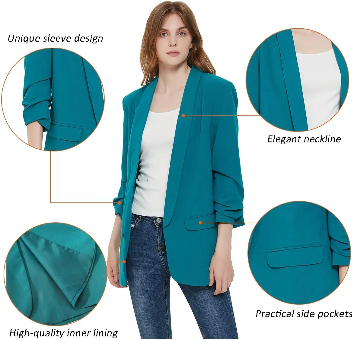 Womens 3/4 Ruched Sleeve Blazer Jacket Lightweight Work Office Open Front Solid Coat, Black
