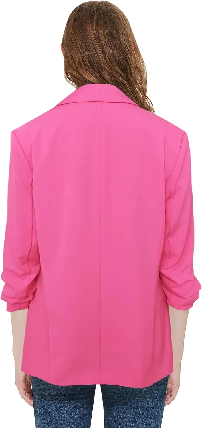 Womens 3/4 Ruched Sleeve Blazer Jacket Lightweight Work Office Open Front Solid Coat, Black