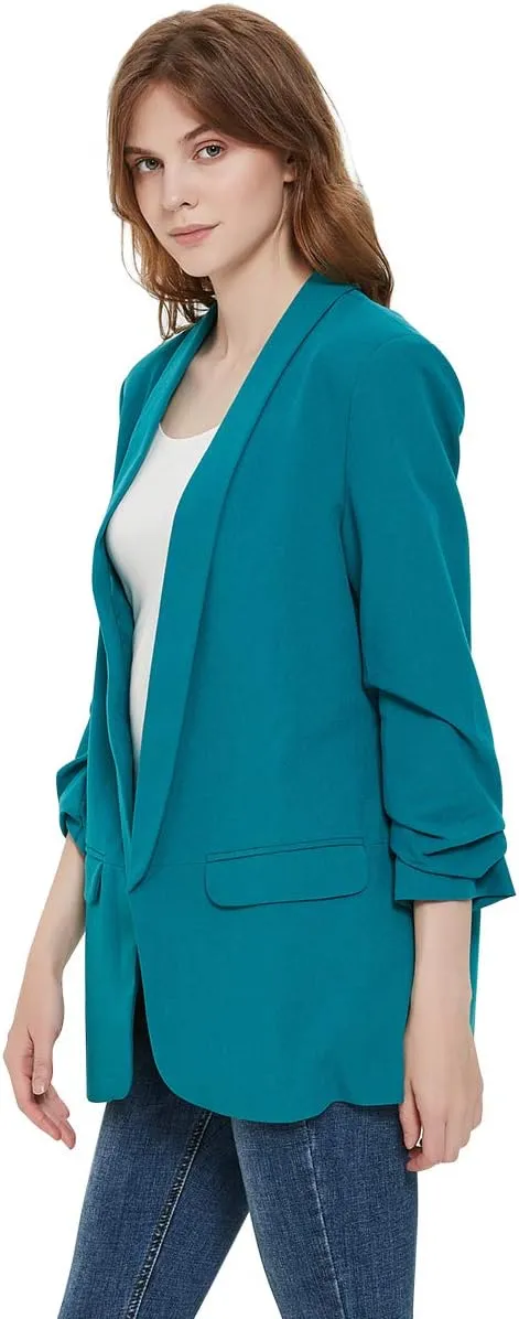 Womens 3/4 Ruched Sleeve Blazer Jacket Lightweight Work Office Open Front Solid Coat, Black
