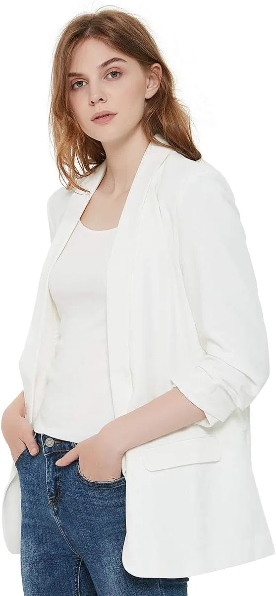 Womens 3/4 Ruched Sleeve Blazer Jacket Lightweight Work Office Open Front Solid Coat, Black