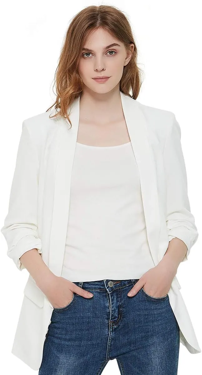 Womens 3/4 Ruched Sleeve Blazer Jacket Lightweight Work Office Open Front Solid Coat, Black