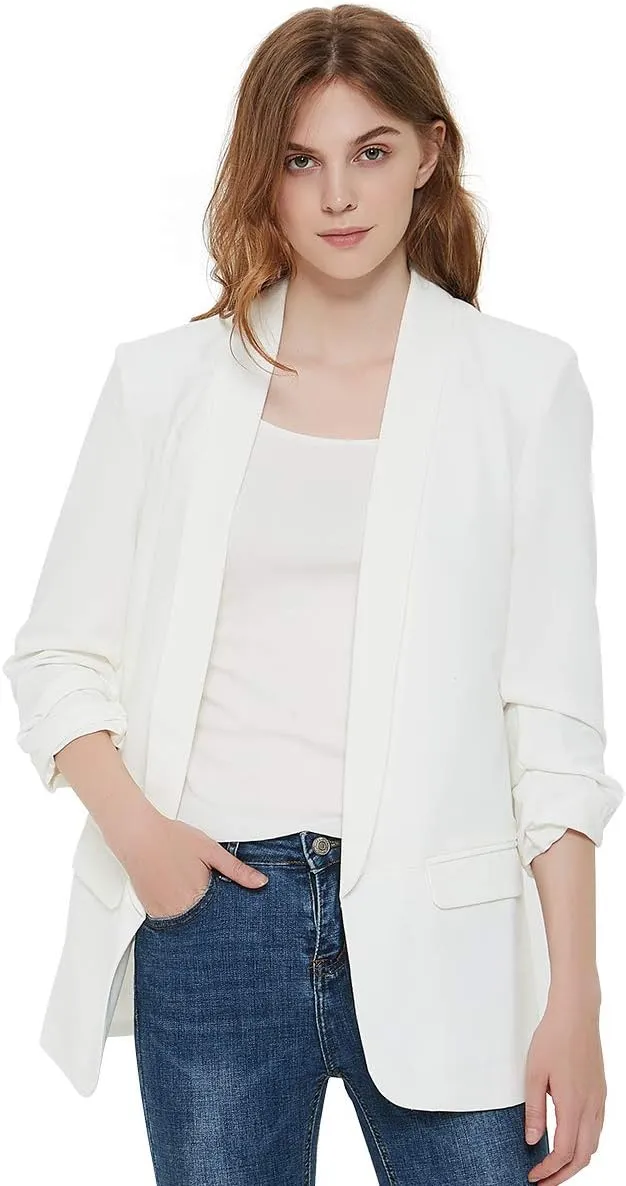 Womens 3/4 Ruched Sleeve Blazer Jacket Lightweight Work Office Open Front Solid Coat, Black