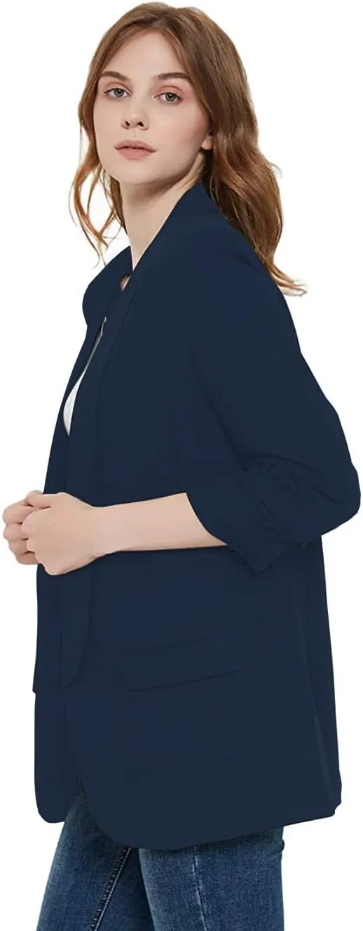 Womens 3/4 Ruched Sleeve Blazer Jacket Lightweight Work Office Open Front Solid Coat, Black