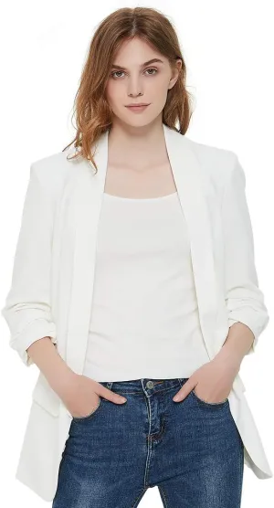 Womens 3/4 Ruched Sleeve Blazer Jacket Lightweight Work Office Open Front Solid Coat, Black