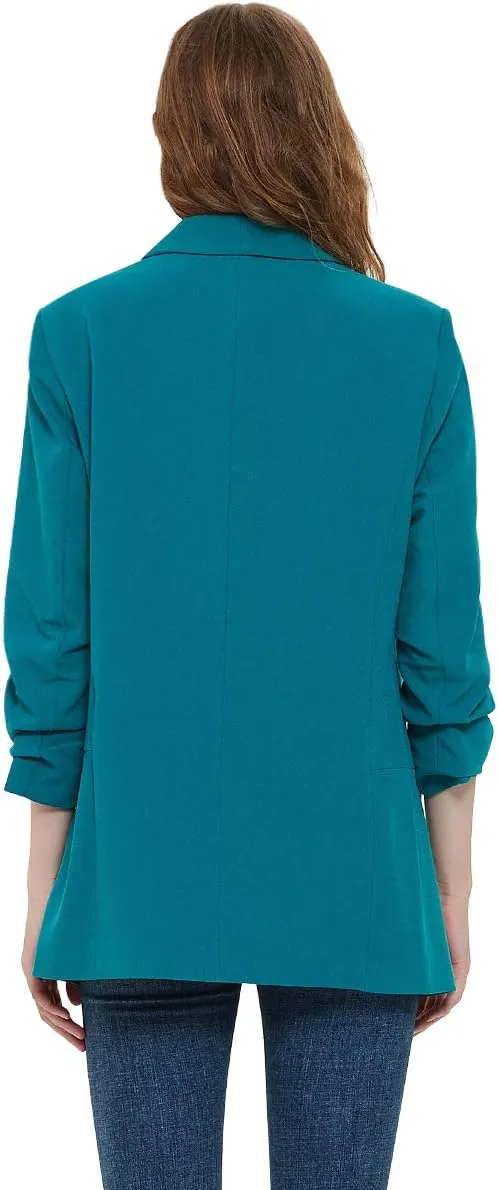 Womens 3/4 Ruched Sleeve Blazer Jacket Lightweight Work Office Open Front Solid Coat, Black
