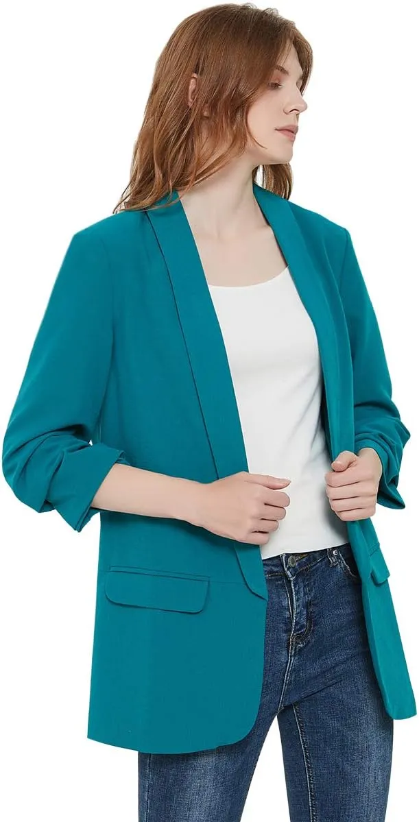 Womens 3/4 Ruched Sleeve Blazer Jacket Lightweight Work Office Open Front Solid Coat, Black