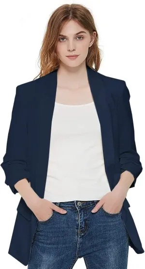 Womens 3/4 Ruched Sleeve Blazer Jacket Lightweight Work Office Open Front Solid Coat, Black