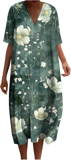 Womens Boho Floral Beach Dress V Neck Vintage Retro Dresses Plus Size Loose Comfort Sundresses Short Sleeve Outfit