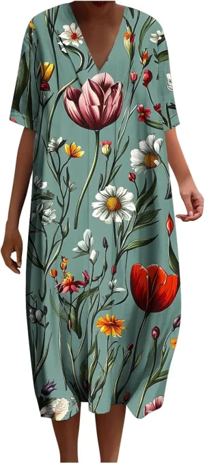Womens Boho Floral Beach Dress V Neck Vintage Retro Dresses Plus Size Loose Comfort Sundresses Short Sleeve Outfit
