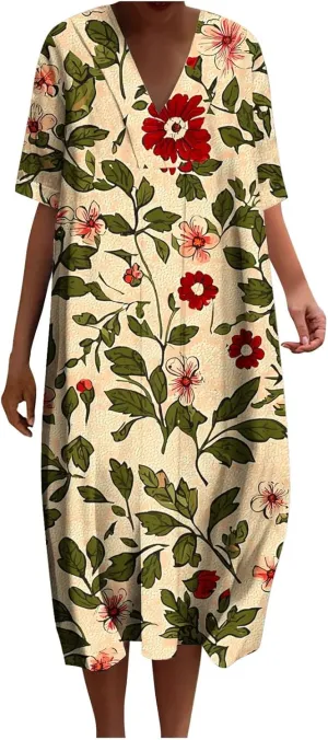 Womens Boho Floral Beach Dress V Neck Vintage Retro Dresses Plus Size Loose Comfort Sundresses Short Sleeve Outfit