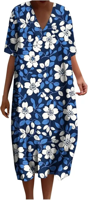 Womens Boho Floral Beach Dress V Neck Vintage Retro Dresses Plus Size Loose Comfort Sundresses Short Sleeve Outfit
