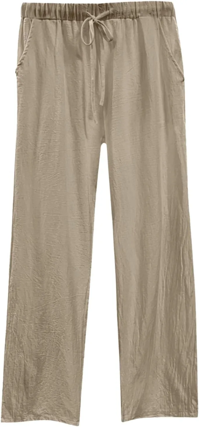 Womens Casual Lightweight Linen Pants Casual Elastic Drawstring Cotton Pants Baggy Comfort Trousers with Pocket