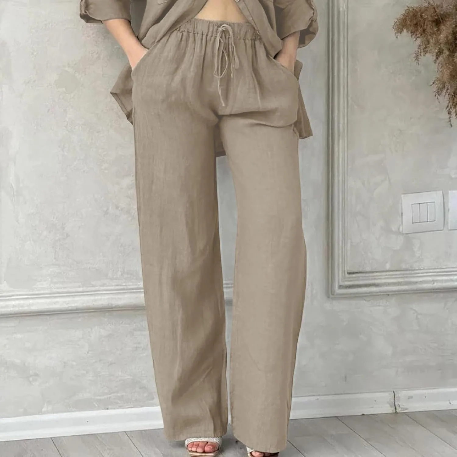 Womens Casual Lightweight Linen Pants Casual Elastic Drawstring Cotton Pants Baggy Comfort Trousers with Pocket