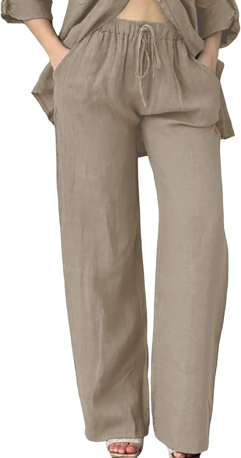Womens Casual Lightweight Linen Pants Casual Elastic Drawstring Cotton Pants Baggy Comfort Trousers with Pocket