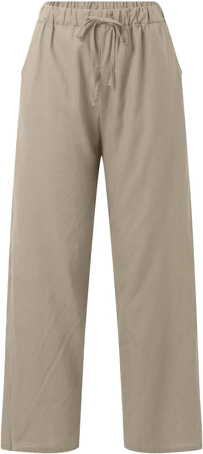 Womens Casual Lightweight Linen Pants Casual Elastic Drawstring Cotton Pants Baggy Comfort Trousers with Pocket