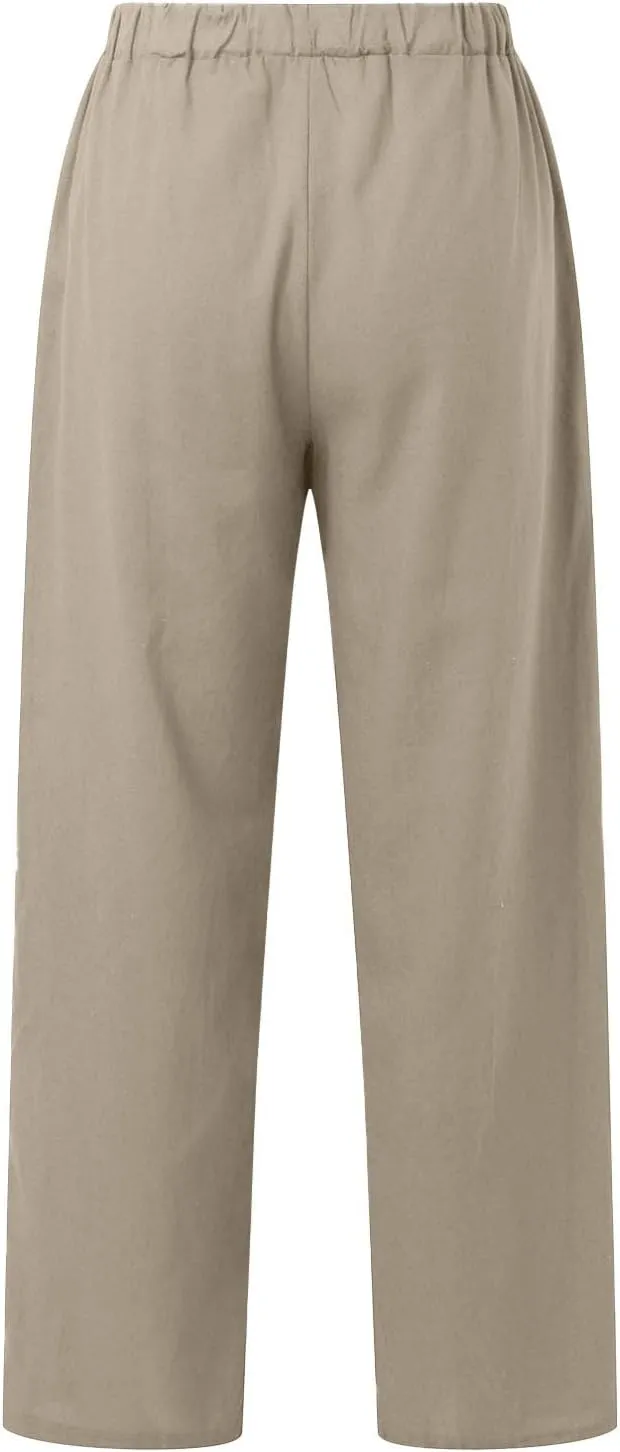 Womens Casual Lightweight Linen Pants Casual Elastic Drawstring Cotton Pants Baggy Comfort Trousers with Pocket