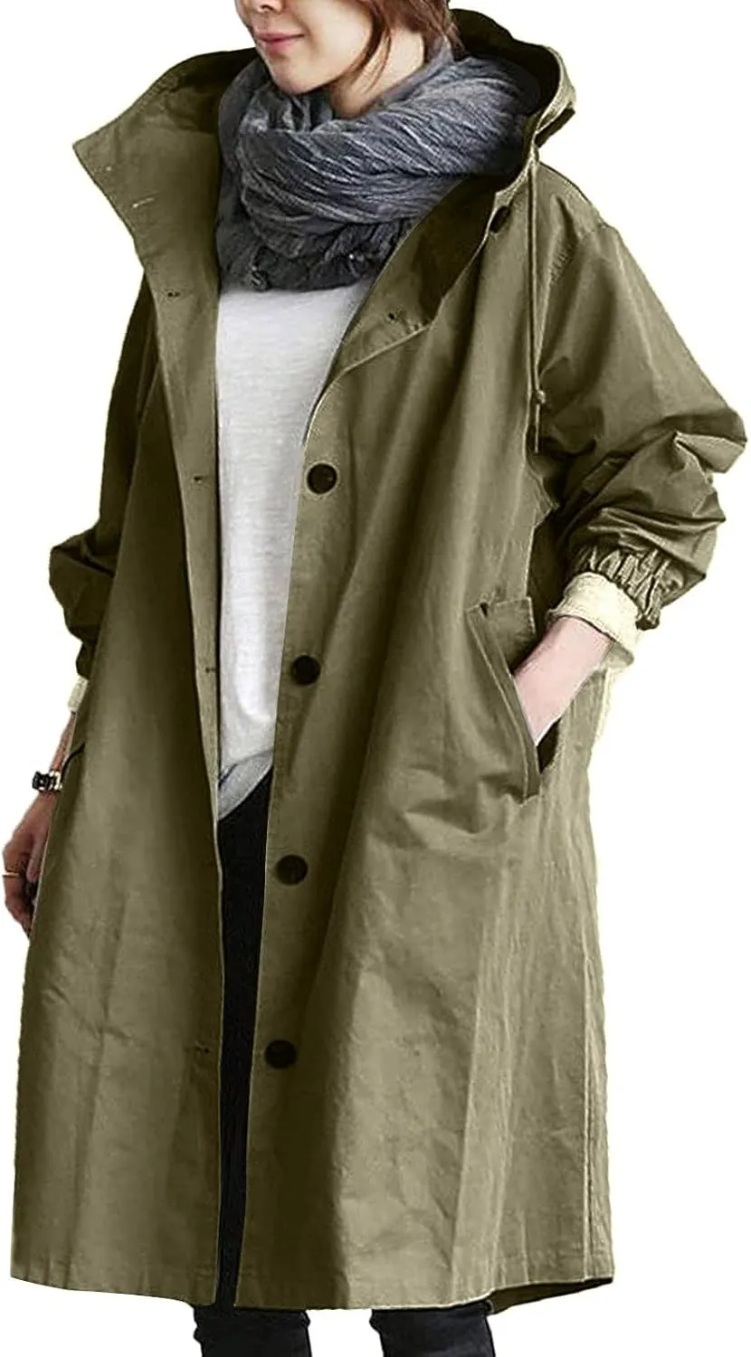 Women's Hooded Trenchcoat Windbreaker Plus Size Windproof Waterproof Long Jackets Raincoats for Women with Hood