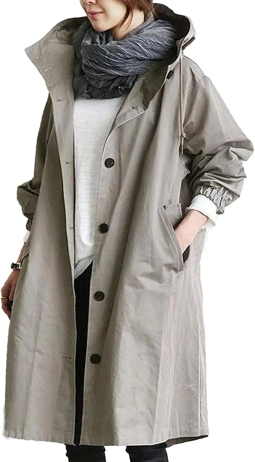 Women's Hooded Trenchcoat Windbreaker Plus Size Windproof Waterproof Long Jackets Raincoats for Women with Hood