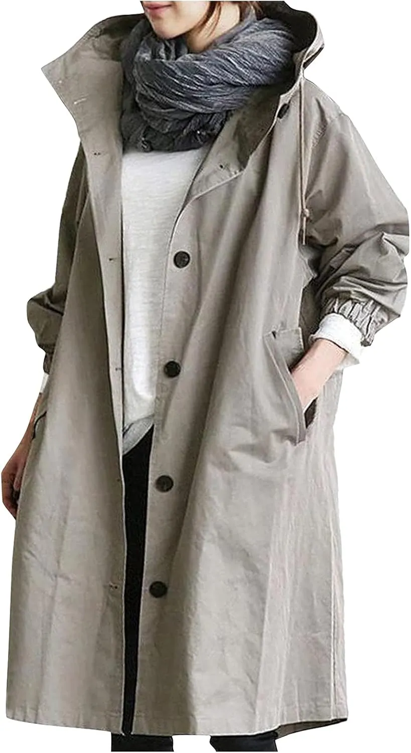 Women's Hooded Trenchcoat Windbreaker Plus Size Windproof Waterproof Long Jackets Raincoats for Women with Hood