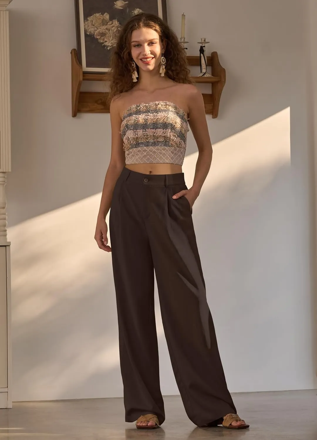 Women's Linen Pants Wide Leg Dressy Casual Beach Linen Pants Summer with Pockets 29" 31"