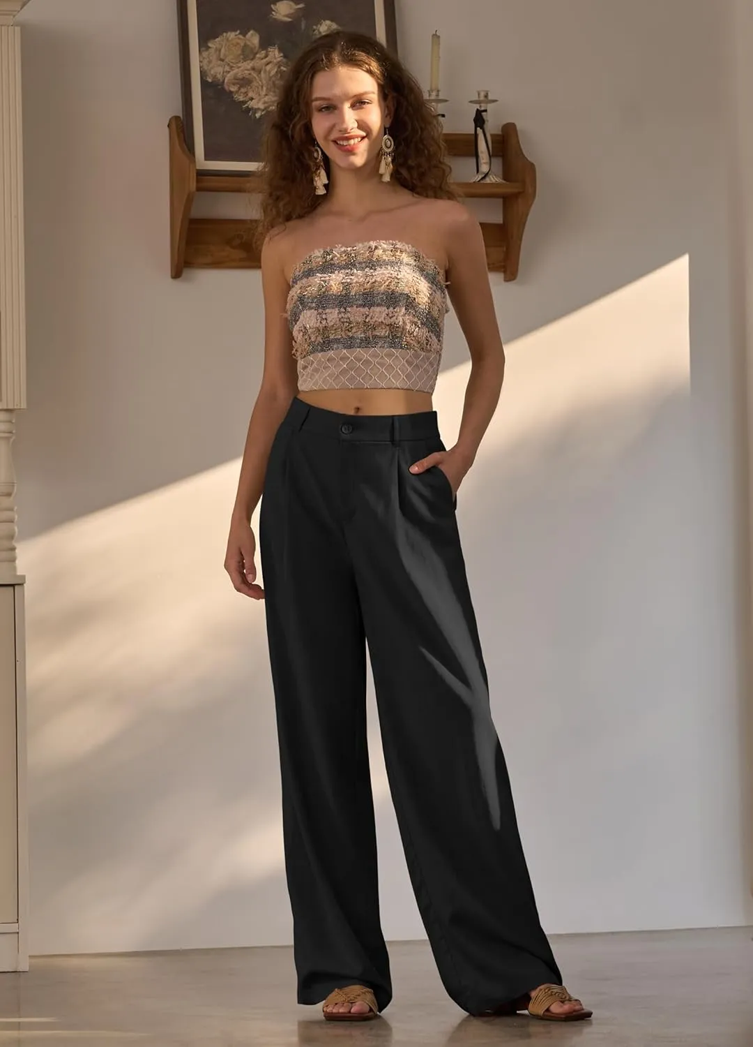 Women's Linen Pants Wide Leg Dressy Casual Beach Linen Pants Summer with Pockets 29" 31"
