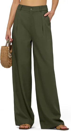 Women's Linen Pants Wide Leg Dressy Casual Beach Linen Pants Summer with Pockets 29" 31"