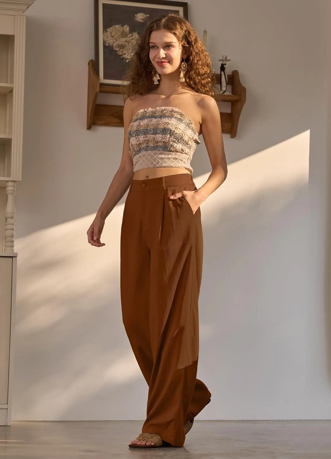 Women's Linen Pants Wide Leg Dressy Casual Beach Linen Pants Summer with Pockets 29" 31"