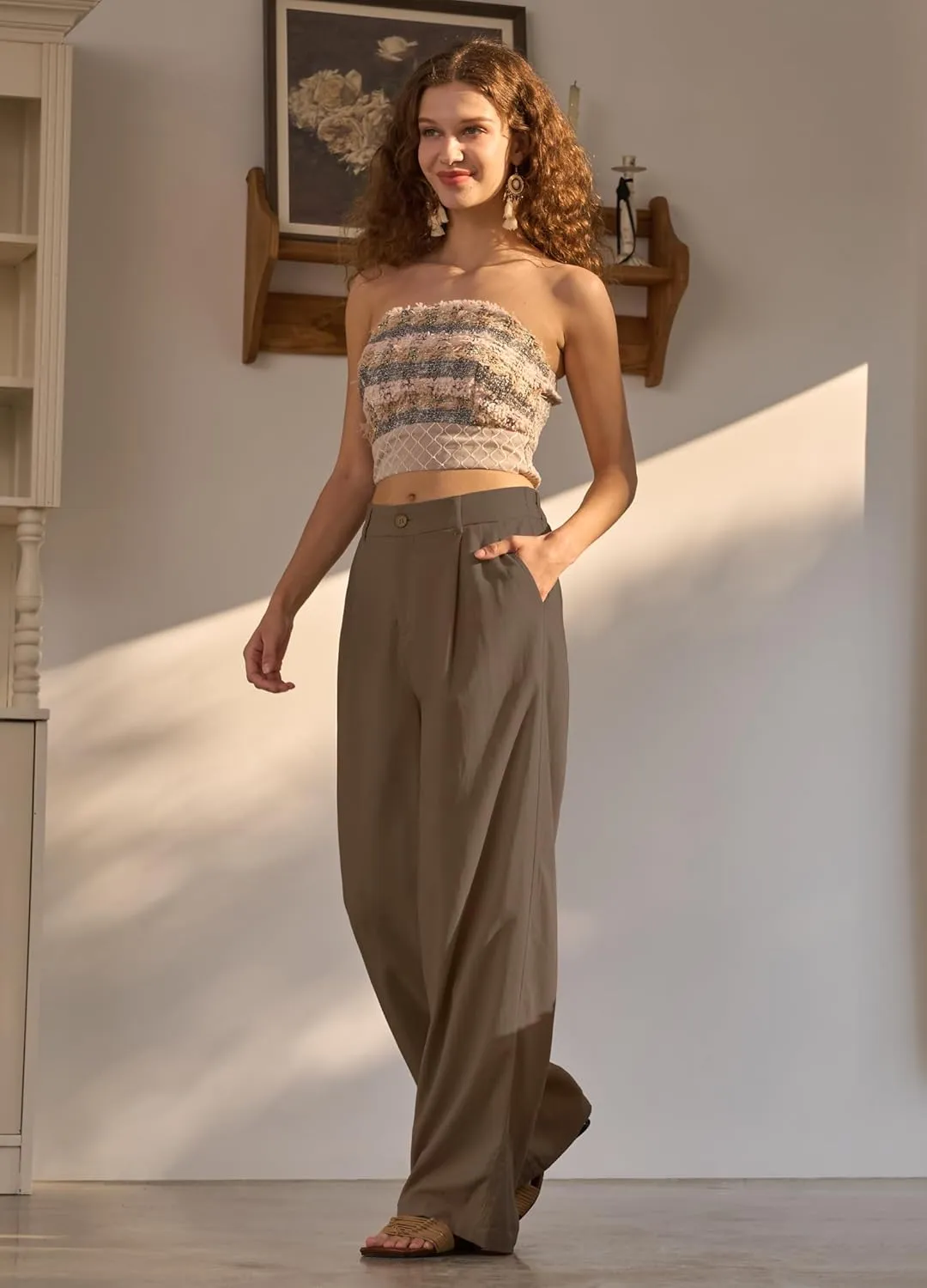 Women's Linen Pants Wide Leg Dressy Casual Beach Linen Pants Summer with Pockets 29" 31"