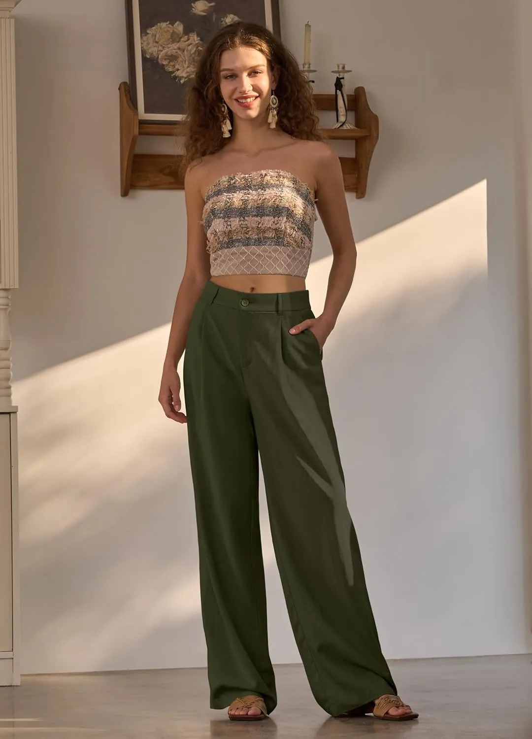 Women's Linen Pants Wide Leg Dressy Casual Beach Linen Pants Summer with Pockets 29" 31"