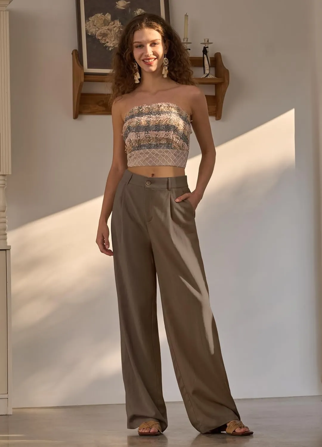 Women's Linen Pants Wide Leg Dressy Casual Beach Linen Pants Summer with Pockets 29" 31"