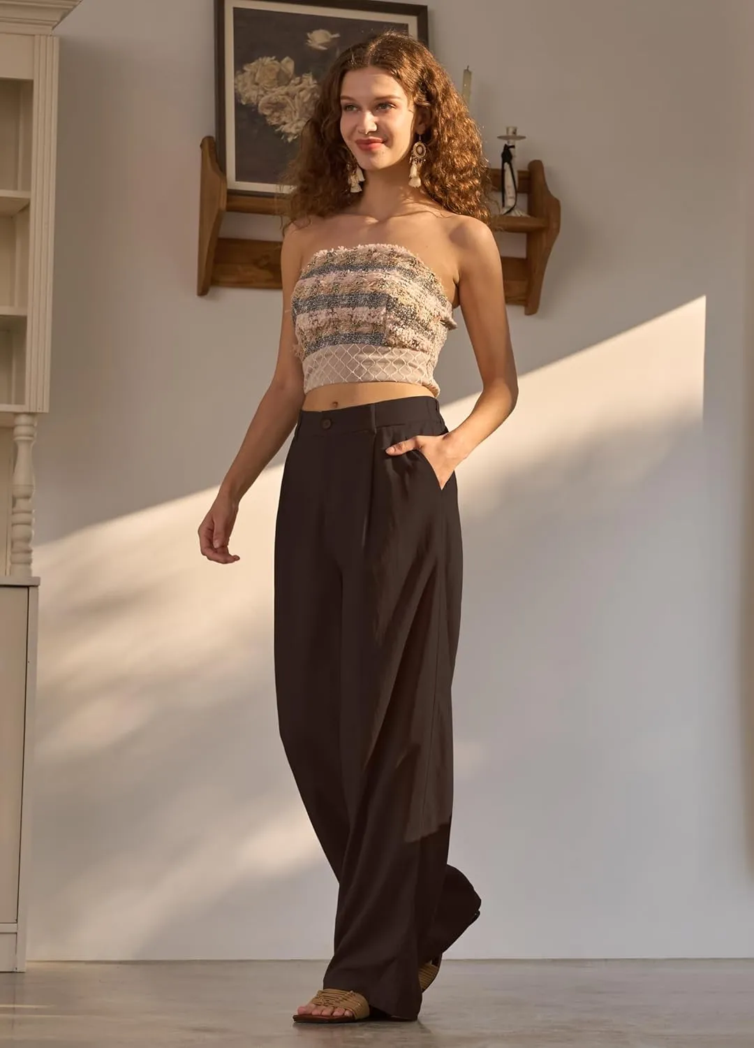 Women's Linen Pants Wide Leg Dressy Casual Beach Linen Pants Summer with Pockets 29" 31"