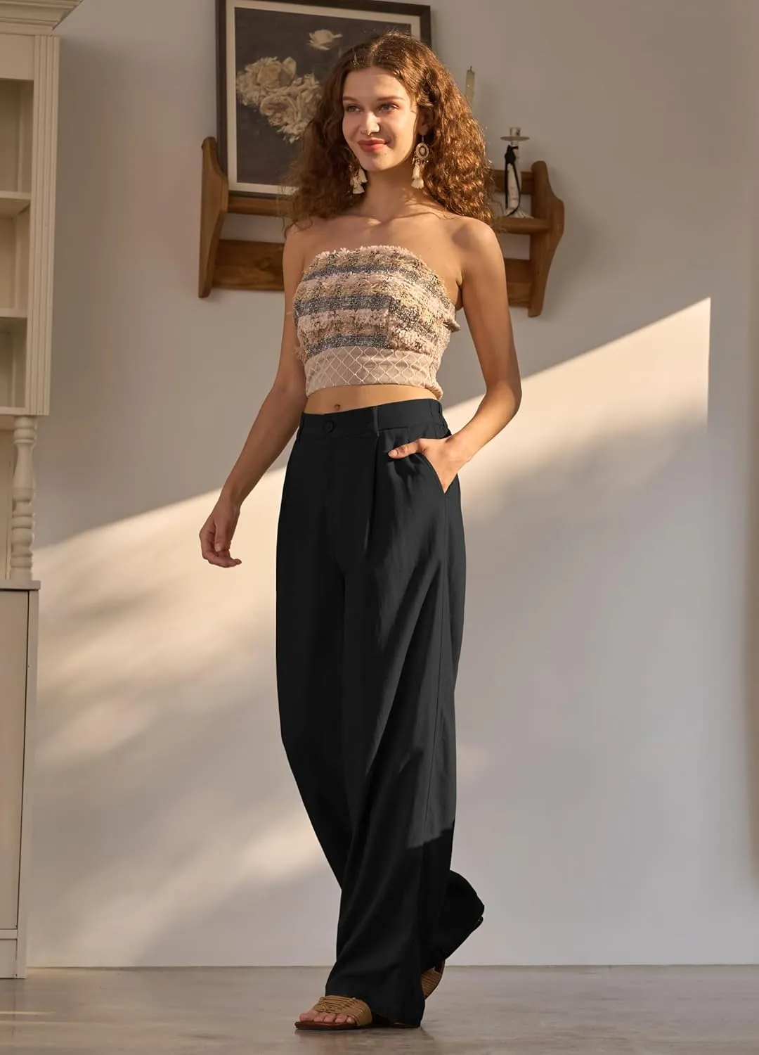 Women's Linen Pants Wide Leg Dressy Casual Beach Linen Pants Summer with Pockets 29" 31"