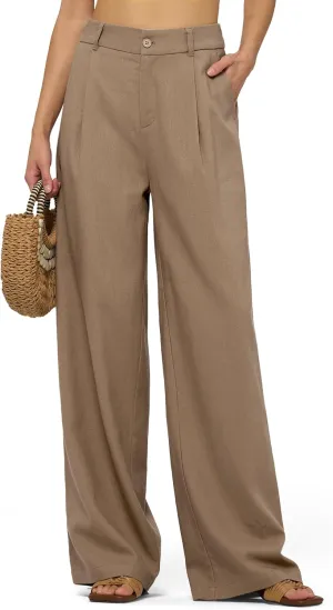 Women's Linen Pants Wide Leg Dressy Casual Beach Linen Pants Summer with Pockets 29" 31"