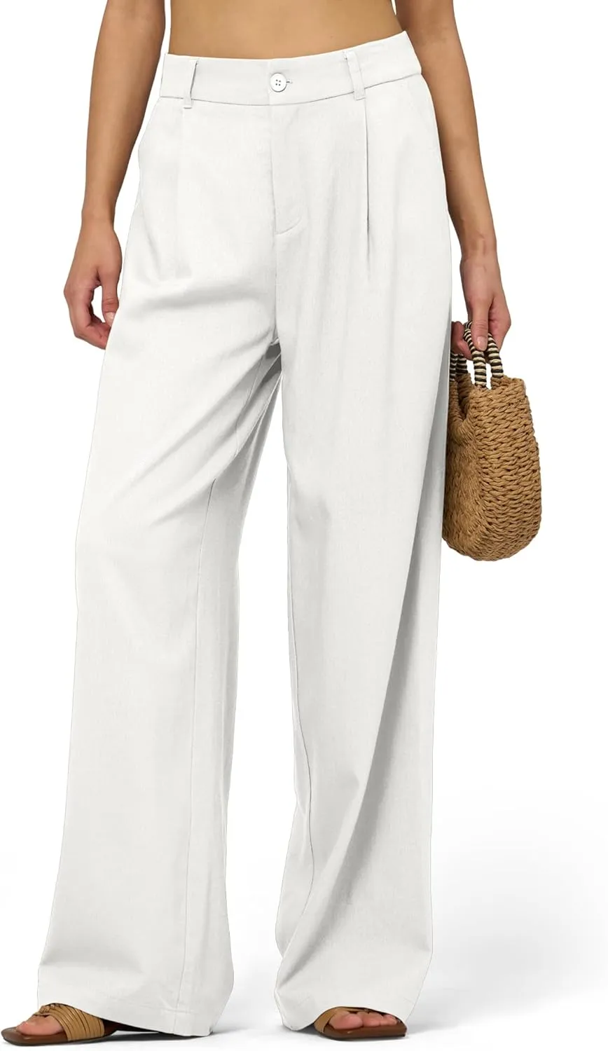 Women's Linen Pants Wide Leg Dressy Casual Beach Linen Pants Summer with Pockets 29" 31"