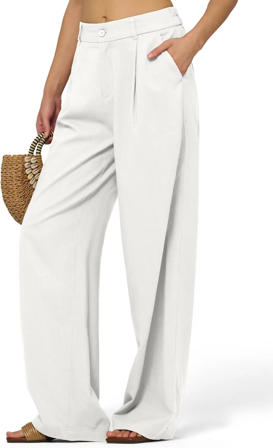 Women's Linen Pants Wide Leg Dressy Casual Beach Linen Pants Summer with Pockets 29" 31"