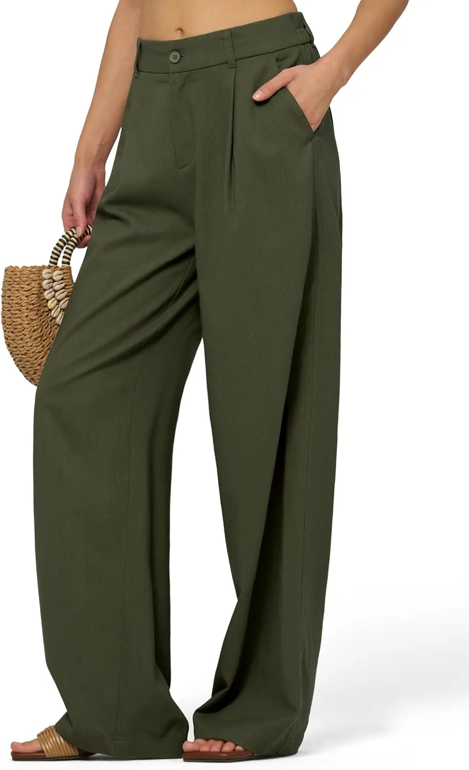 Women's Linen Pants Wide Leg Dressy Casual Beach Linen Pants Summer with Pockets 29" 31"