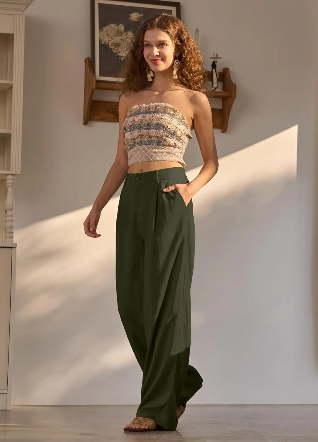 Women's Linen Pants Wide Leg Dressy Casual Beach Linen Pants Summer with Pockets 29" 31"