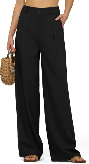 Women's Linen Pants Wide Leg Dressy Casual Beach Linen Pants Summer with Pockets 29" 31"