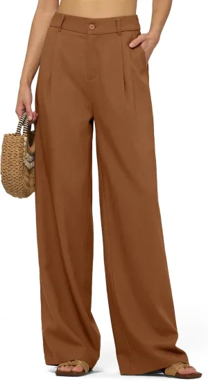 Women's Linen Pants Wide Leg Dressy Casual Beach Linen Pants Summer with Pockets 29" 31"