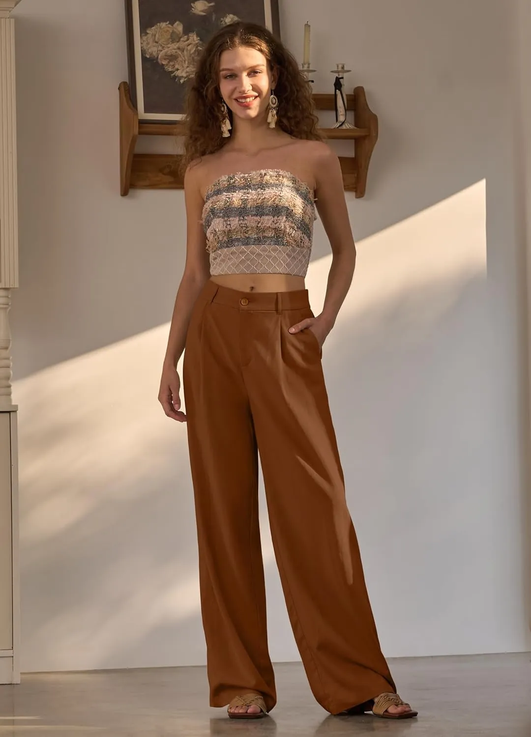 Women's Linen Pants Wide Leg Dressy Casual Beach Linen Pants Summer with Pockets 29" 31"