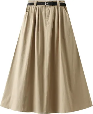 Womens Midi Skirt Pleated Midi Skirts Long Skirt with Pockets Flared Solid Color Dresses Comfort Umbrella Skirt