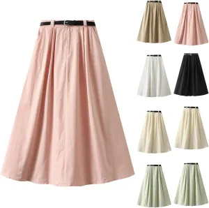 Womens Midi Skirt Pleated Midi Skirts Long Skirt with Pockets Flared Solid Color Dresses Comfort Umbrella Skirt