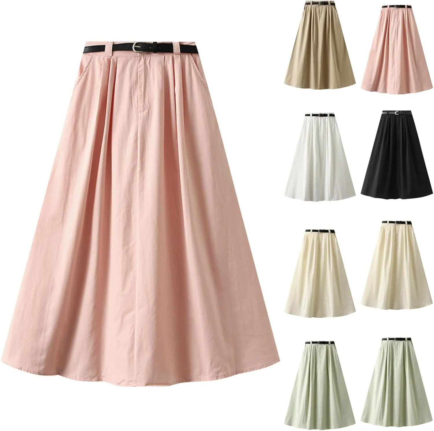 Womens Midi Skirt Pleated Midi Skirts Long Skirt with Pockets Flared Solid Color Dresses Comfort Umbrella Skirt