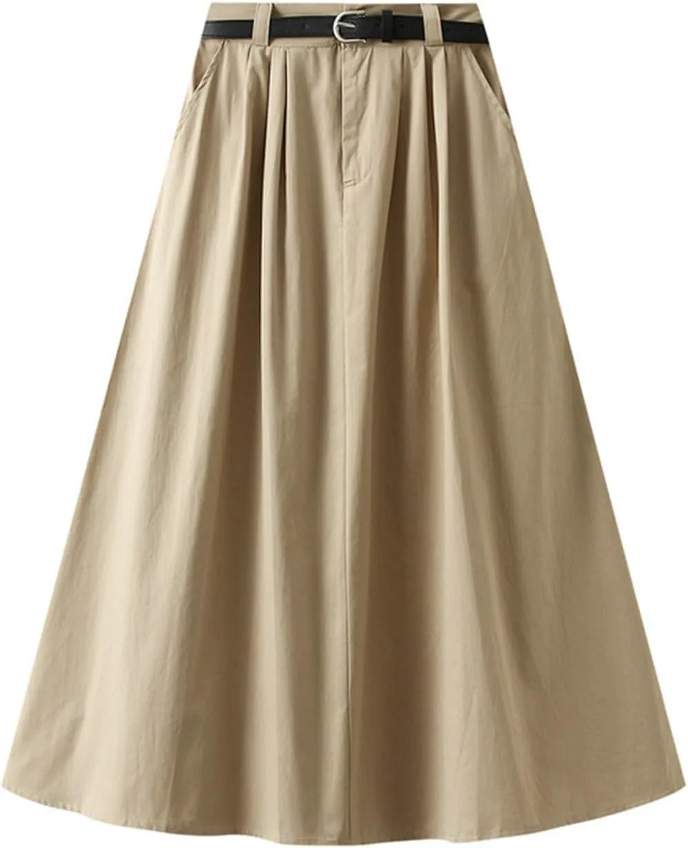 Womens Midi Skirt Pleated Midi Skirts Long Skirt with Pockets Flared Solid Color Dresses Comfort Umbrella Skirt