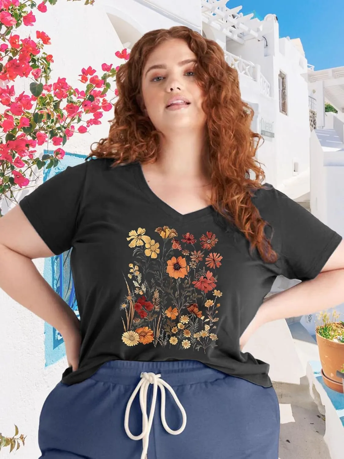 Womens Plus Size Tops Boho Floral Short Sleeve V Neck T-Shirt Casual Summer Wildflower Graphic Tees