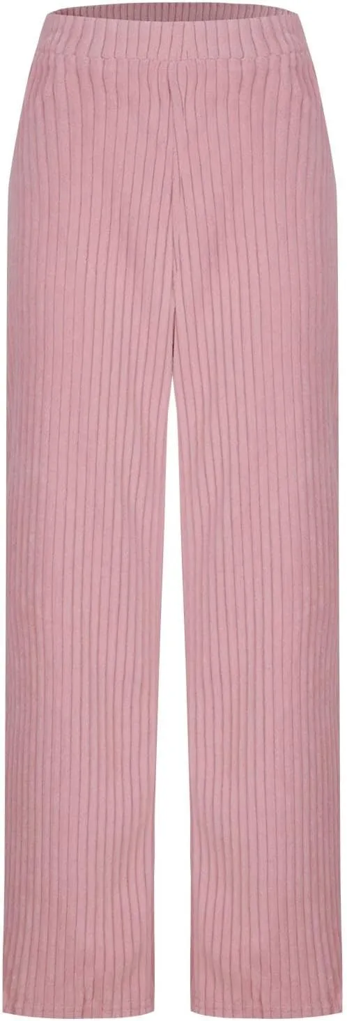 Women's Ribbed Knit Pants Casual Elastic High Waist Wide Leg Lined Long Comfort Loose Trousers with Pockets