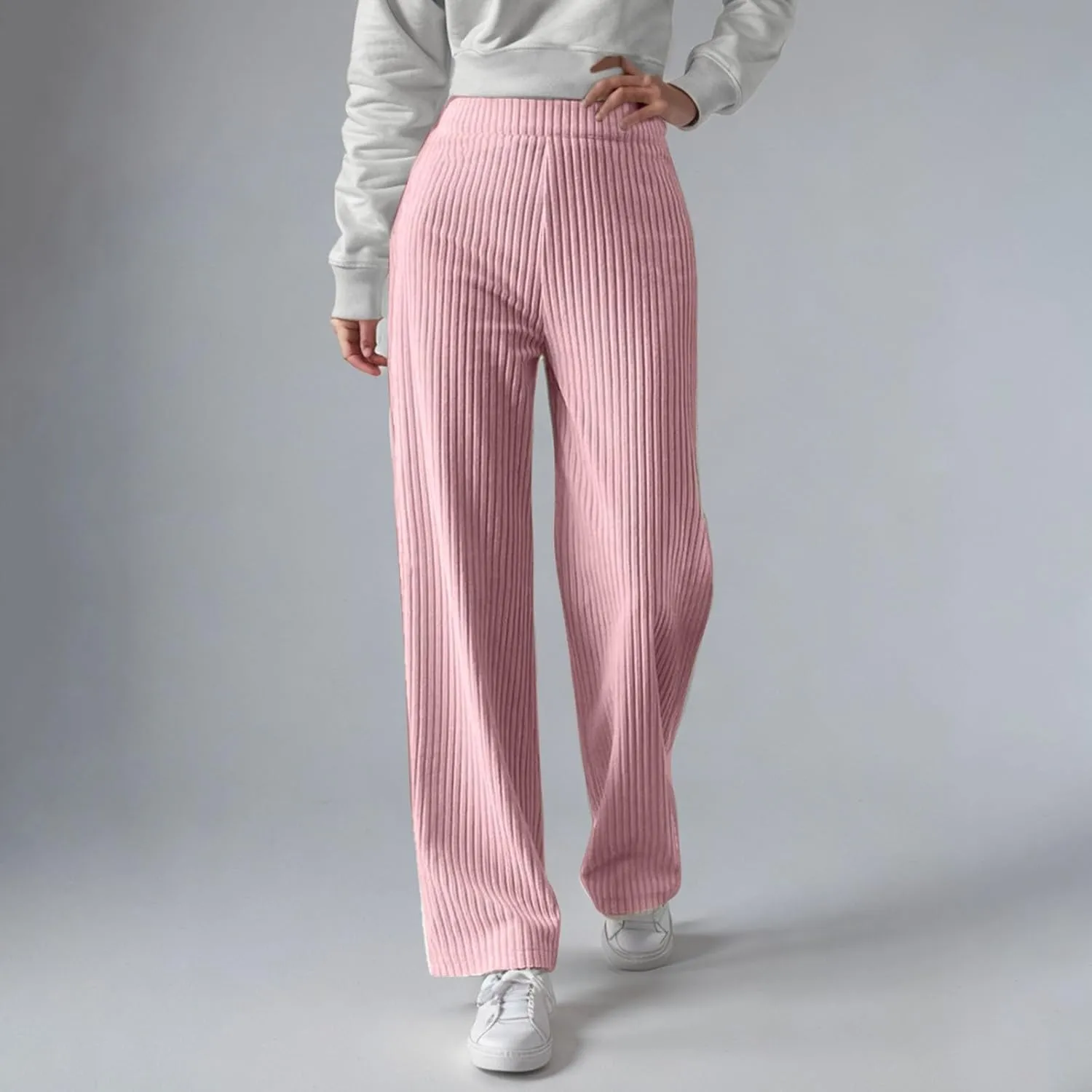 Women's Ribbed Knit Pants Casual Elastic High Waist Wide Leg Lined Long Comfort Loose Trousers with Pockets